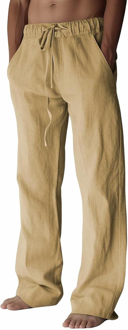 PIDOGYM Mens Cotton Linen Pants, Summer Beach Pants Casual Loose Fit with Elastic Waist Drawstring Large