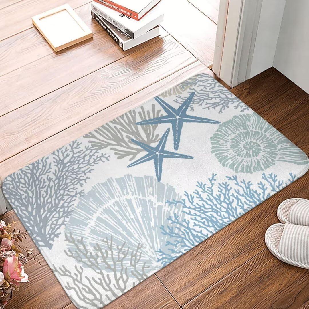 Coastal Beach Bath Mats for Bathroom,Nautical Ocean Seashells Starfish Absorbent Bath Rug Non-Slip Floor Rug Carpets Door Mat Washable Area Rugs for Bathroom Laundry Bedroom Living Room Kitchen,Blue (17.7"x29.5", Color 1)