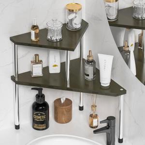 Weenson Bathroom Counter Organizer Corner Shelf - 2 Tier Bathroom Organization Bamboo Bathroom Sink Shelf Kitchen Countertop Organizer Adjustable Free-Standing Counter Storage Shelf(Antique)
