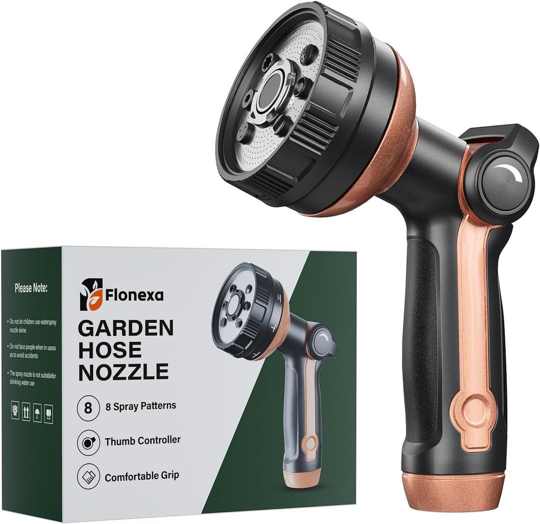 Heavy Duty Garden Hose Nozzle, Metal Water Hose Sprayer with 8 Spray Patterns, Water hose Head with Thumb Control, On Off Valve, for Lawn & Plant Watering, Car & Pet Washing