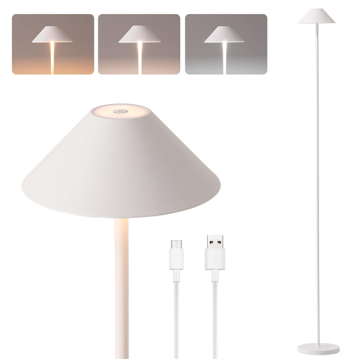 Rechargeable Floor Lamp for Indoor/Outdoor, Cordless Tall Standing Lamp with 3 Color Temps & Dimmable, IP43 Waterproof, Adjustable Height 1659 Inch, LED Floor Lamp for Living Room,Patio(White)