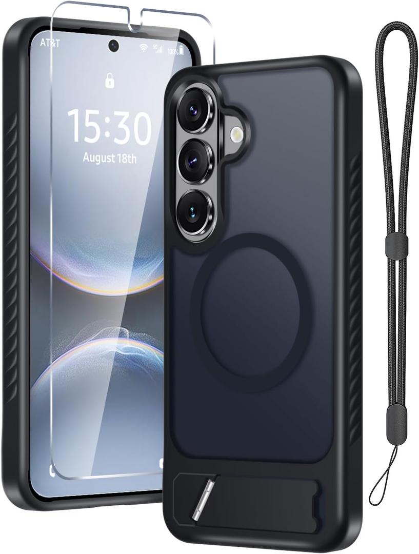 for Samsung Galaxy S26 Case with Screen Protector+Lanyard Wrist Strap,Magnetic Translucent Matte Rugged Slim Phone Cover Built in Invisible Kickstand [Fit for MagSafe],2026 Black