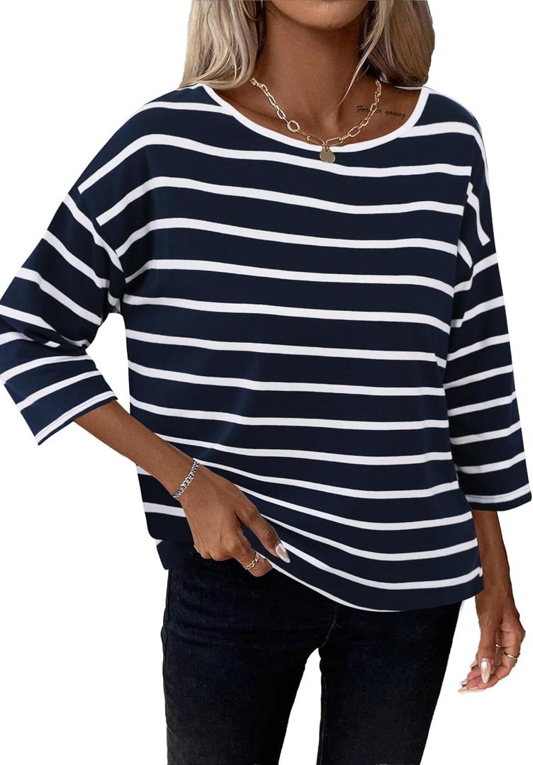 LilyCoco 3/4 Length Sleeve Womens Tops Boat Neck Striped Shirt Long Cotton Tshirts White X-Large