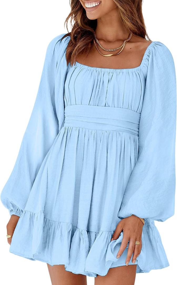 Dokotoo Womens Dress Long Lantern Sleeve Square Neck Tie Backless Sexy Dress Ruffle Elastic Waist A-Line Mini Dress (Blue, M)