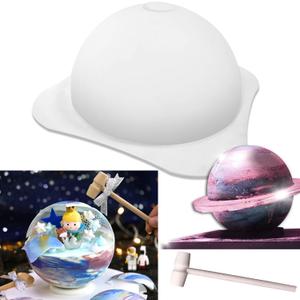 Silicone Large Planet Mousse Cake Fondant Chocolate Baking Mould + 2x Wooden Hammer Cube Tray Soap Making Molds Non Stick Round Hollow Ball Jelly Mold Pan Kitchen Tool Party Supplies