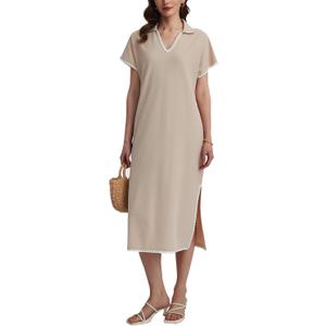 Women's Polo V Neck Midi Dress Short Sleeve RIC Rac Loose Split Long Shirt Dress Khaki (XL)