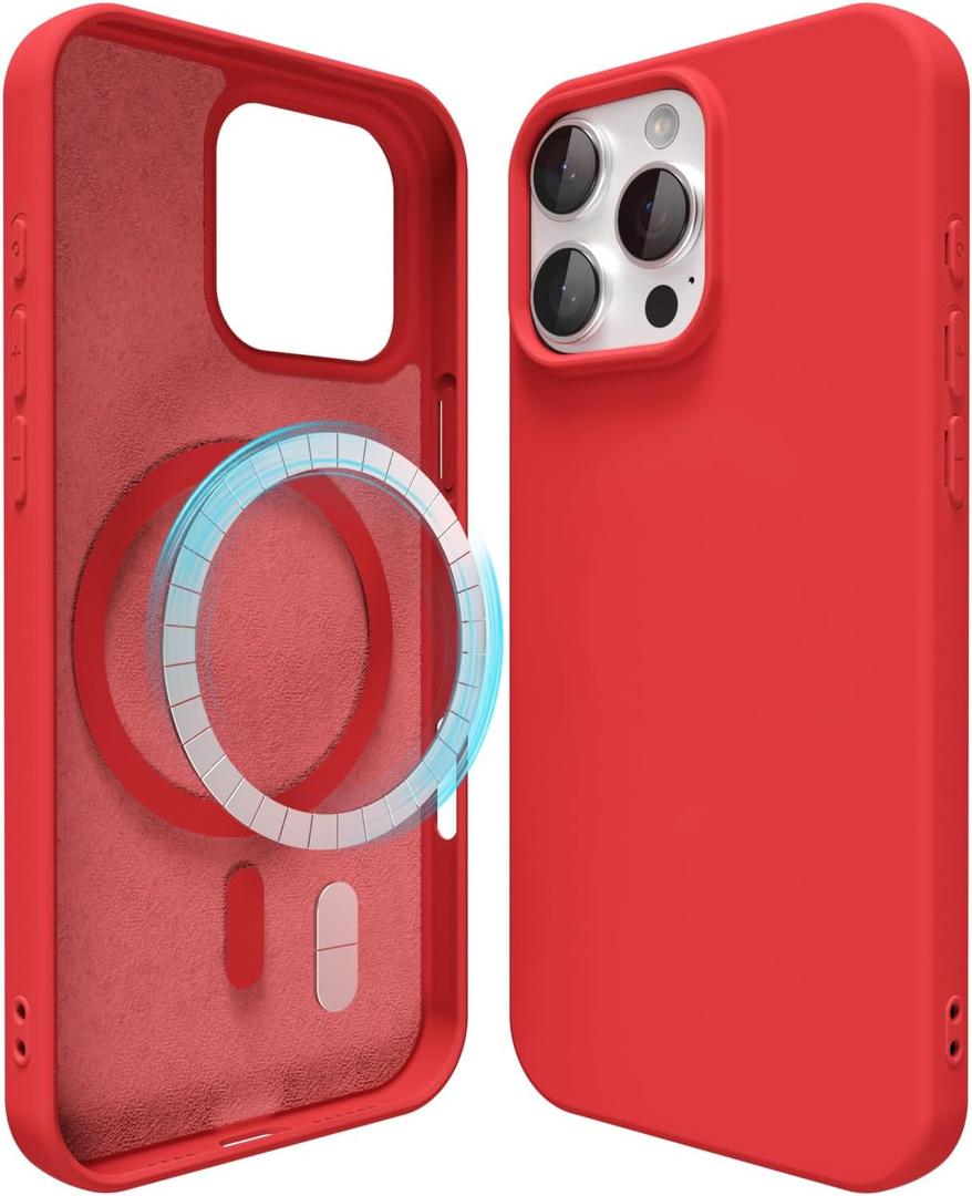oakxco Silicone Case for iPhone 16 Pro Case Magnetic, Compatible with Magsafe Wireless Charging, Slim Thin Soft Rubber Gel, Girly Cute Aesthetic Trendy Hard Shell Mag Safe Cover for Women, Red