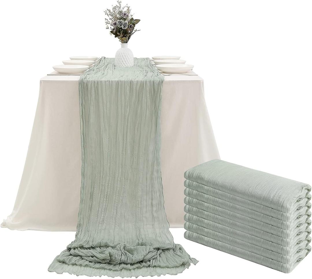 DOLOPL 8PCS St. Patricks Day Table Runner Sage Green Cheesecloth Boho Gauze 13.3ft Rustic Sheer Runner 160inch Long for Wedding Bridal Baby Shower Party Decorations