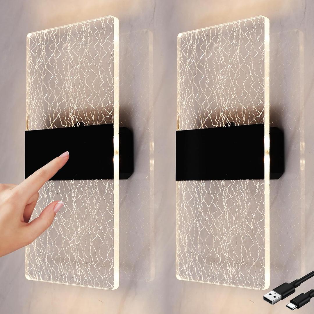 LED Touch Control Wall Lamp, Modern Indoor Light with Switch, USB Rechargeable Battery Light, Magnetic Installation, Wireless Black Sconces Lighting 3000K Brightness Adjustable 4 Pack (Transparent)