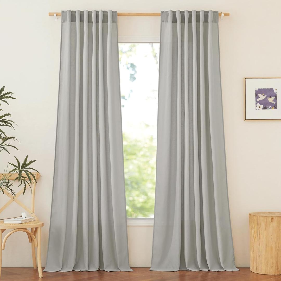 NICETOWN Gray Linen Curtains 95 inches Long for Boys Room, Rod Pocket & Back Tab Thick Flax Linen Weave Privacy Assured Not See Through with Light Filtering for Bedroom, W55 x L95, 2 Panels (Grey)