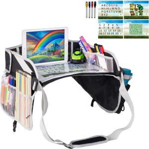 Kids Travel Tray Car Seat - Lap Desk for Toddler Road Trips Airplane Activity Table with Pockets Tablet Holder Essential Accessories