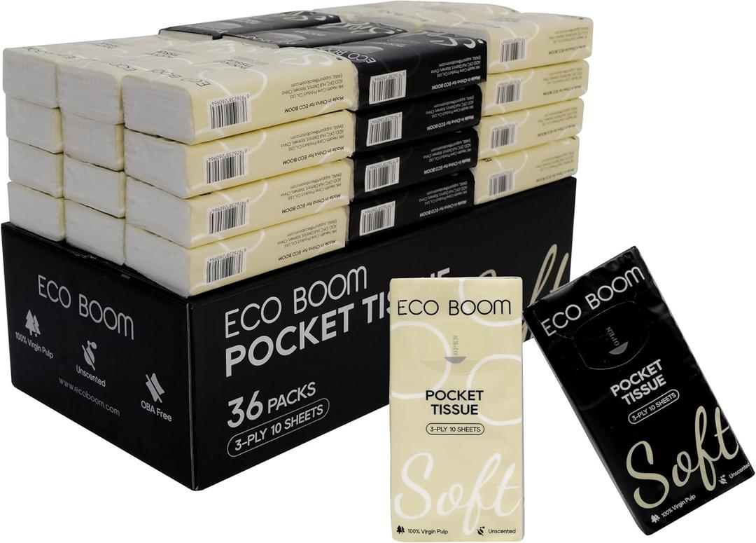 ECO BOOM Soft Pocket Tissues, Travel Size, 3-Ply, Hypoallergenic, 36 Packs, Eco-Friendly Facial Tissues for Car, Purse, and School