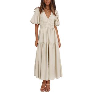Woolicity Womens Summer Maxi Dress Wrap V Neck Short Sleeve Beach Flowy Long Dresses (Medium, Apricot)
