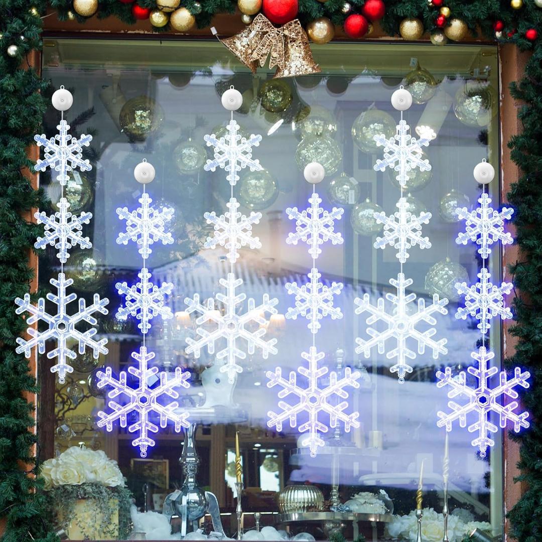 6 Pcs Winter Snowflake Window Lights Decorations, Christmas Battery Operated Snowflake Suction Cup Hanging Lights LED Sucker Lamp for Xmas Decor (Blue Light,White Light)