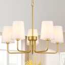 Modern Gold Chandelier Dining Room Light Fixture Over Table,5-Light Farmhouse Chandeliers for Dining Room with White Fabric Shade, Industrial Hanging Pendant Lights for Kitchen Bedroom Living Room