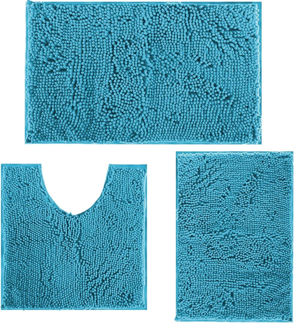 RUN HELIX Teal Blue Bathroom Rugs Bath Mats for Chenillen Rug Set 3 Piece Non-Slip Mats, Absorbent Shaggy Rugs, Machine Wash, Perfect Plush Carpets Set, 16x24&20x32&20x20U Shape