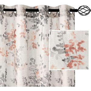 H.VERSAILTEX Sheer Linen Curtains 84 Inch Long Semi Sheer Curtains Draperies for Living Room/Bedroom Vintage Classical Floral Printing Window Treatment Grommet 2 Panels, Coral and Taupe