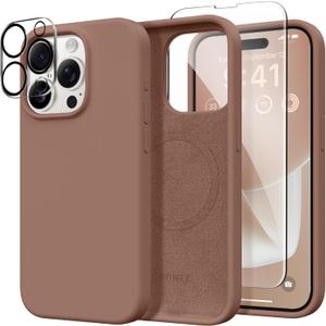 GONEZ for iPhone 15 Pro Max Case Silicone, Compatible with Magsafe, Camera Protector + Screen Protector, Soft Anti-Scratch Microfiber Lining, Liquid Silicone Shockproof Phone Cover, Brown