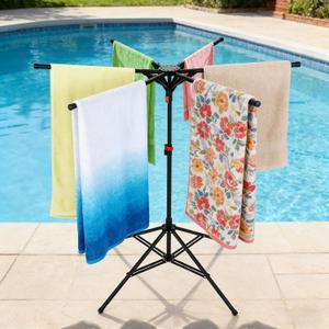 Pool Towel Rack Outdoor, Adjustable 42-71 Inch Freestanding Pool Float Storage Rack, 4-Legged Stand & 6 Foldable Arms, Hot Tub Accessories Towel Dying Stand for Towels, Swim Gear, Pool, Hot Tub etc