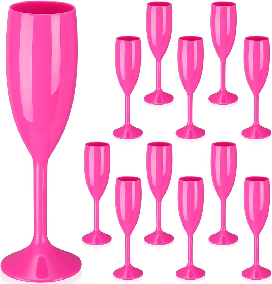Maxcheck 12 Pcs Champagne Flutes Bulk Acrylic Toasting Drinking Flute Goblet Champagne Cups, 6 oz Plastic Wine Glasses for Wedding Bachelorette Bridal Shower Anniversary Birthday Party (Hot Pink)