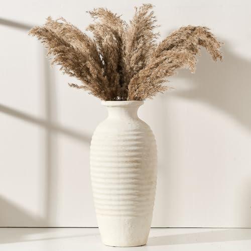 Vaseking Ceramic Natural Rustic Vase, 14.4 Inch Large Vintage Flower Threaded Decorative Farmhouse Tall Vase for Home Decor, Living Room, Shelf Decor, Wedding, Housewarming Gift, Off-White