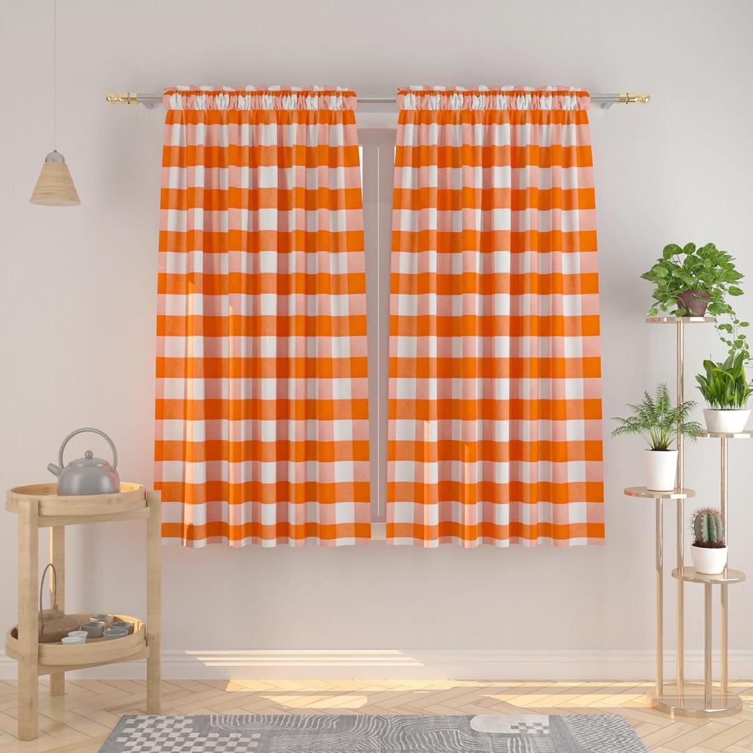 Buffalo Check Curtains 63 inches Long Cotton Basement Gingham Plaid Kitchen Window Curtain Panels Living Room Checker Drapes Bedroom Rod Pocket Window Treatment 2 Panels Orange and White
