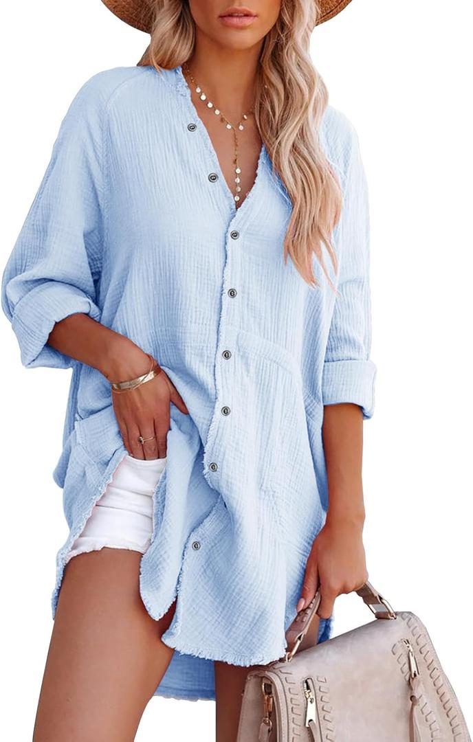 siliteelon Women's Button Down Tunic with Pockets Cotton Gauze Button Up Shirt Dress V Neck Long Sleeve Frayed Blouse Tops (Large, Light Blue)