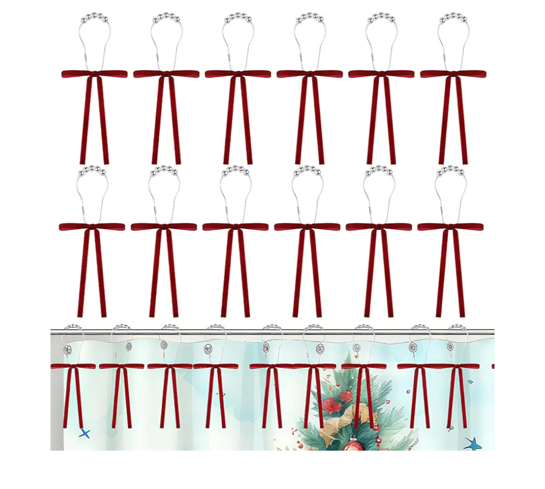 Pack of 3, Moxweyeni 12 Pcs Christmas Bow Shower Curtain Hooks Decor Red Vintage Velvet Knot Bows Shower Curtain Hooks for Christmas Metal Bathroom Decoration