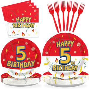 Grencian 96Pcs 5th Cartoon Happy Birthday Party Supplies Red and White Paper Plates and Napkins Tableware Sets Large Anime Themed Decoration for Birthday Cartoon Kids Children Party Serves 24