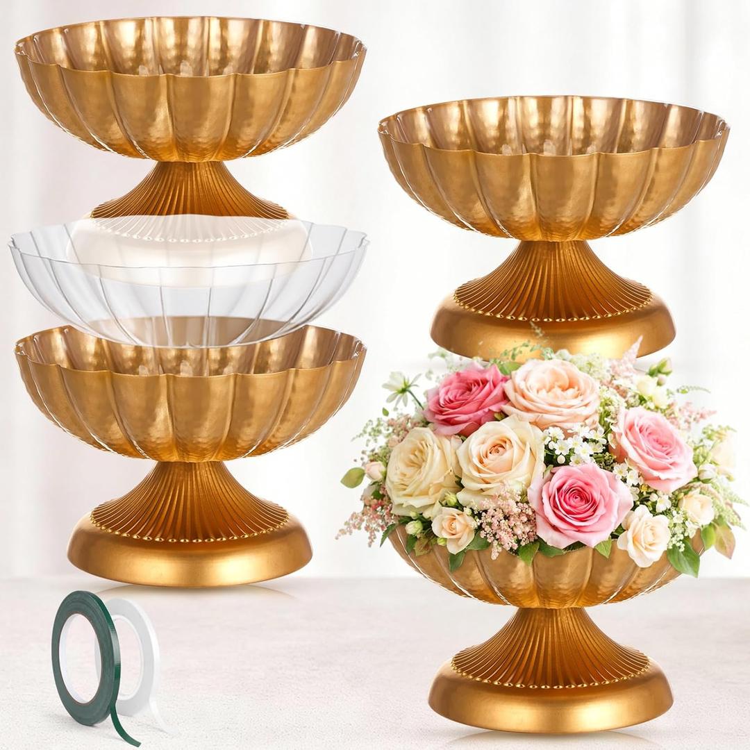 4 Pcs Metal Gold Compote Bowl for Centerpiece Flower Holder Compote Vase Indoor Outdoor Flowers Fruits Plant for Christmas Wedding Home Party Decoration (7 Inch,Stylish)