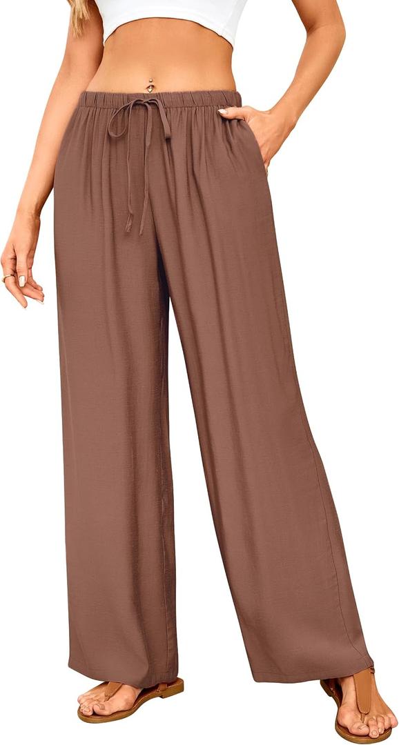 GUOLEZEEV Women Wide Leg Flowy Linen Pants Loose Drawstring Casual Pants Beach Vacation Trouser (S)