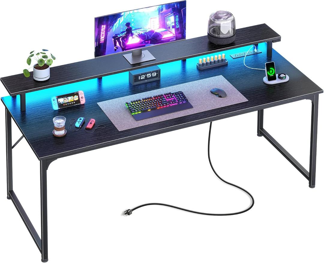 PRAISUN 55 inch Gaming Desk, LED & Power Outlets, Monitor Stand, Black