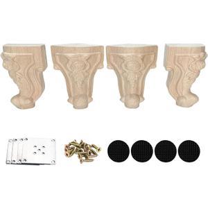 Wooden Furniture Legs with Mounting Plates Screws Set of 4 4 Inch Solid Wood Unfinished Rose European Style Replacement Furniture Feet for Couch Cabinet Sofa Ottoman TV Stand Home DIY Projects (4inch)