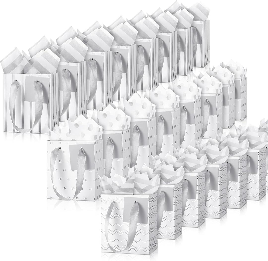 Tenare 24 Pcs Small Gift Bags Mini Metallic Paper Bags Bulk Tiny with Handles Tissue Paper for Jewelry Gift Wrap Mother's Father's Day Graduation Party Supply(4×2.75×4.5 Inch,White Silver)