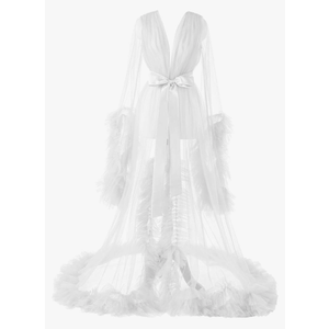 Women's Long Bridal Robes Tulle Lingerie Maternity Bathrobe Photoshoot Illusion Wedding Scarf Party Nightgown XL