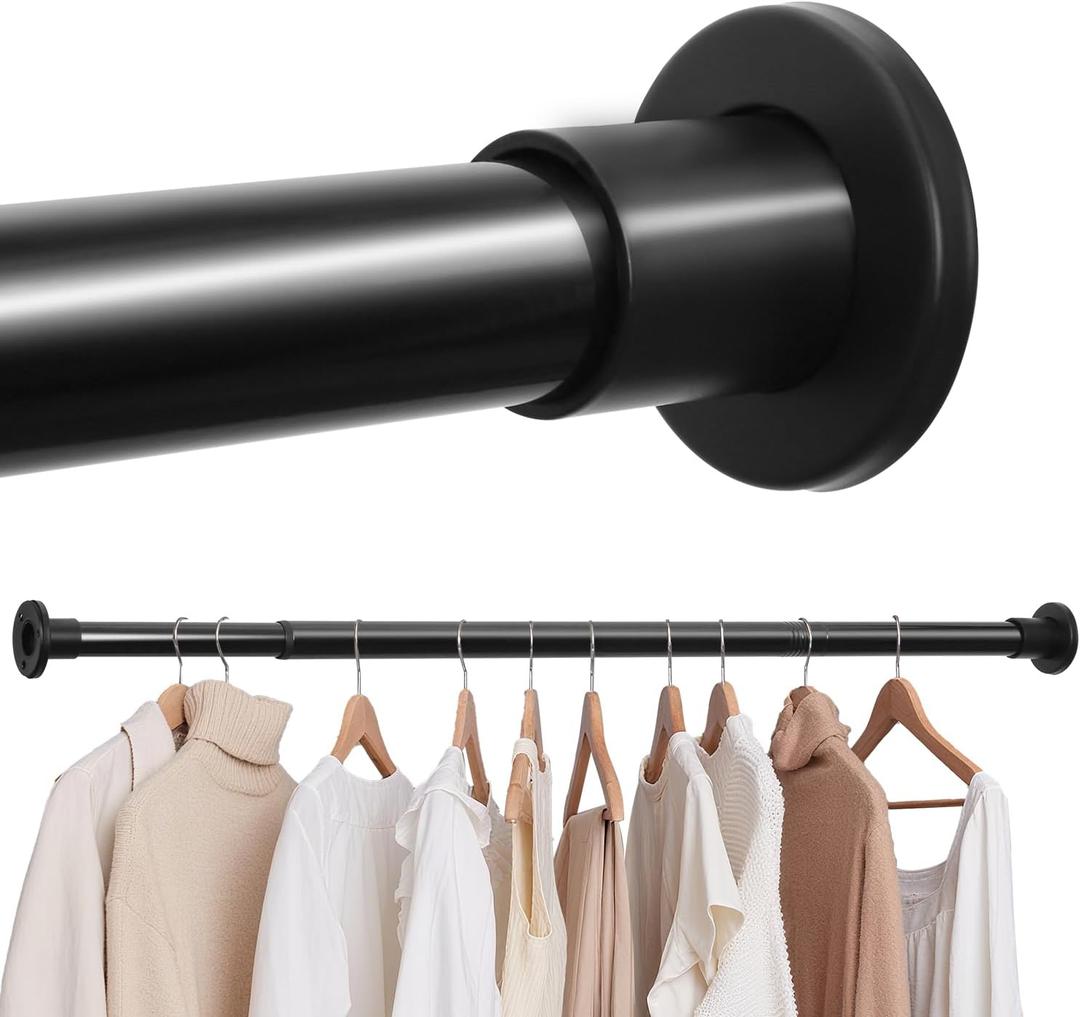 Black Adjustable Closet Rod 18-77 Inches, Heavy Duty Metal Clothes Hanging Rod, Rust-Proof Non-Slip Wardrobe Bar for Closet, Laundry Room, RV
