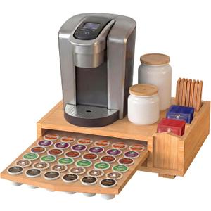 Bamboo Keurig Pod Organizer, Large 36 K-Cup Capacity Aesthetic Under Machine K-Cup Storage Drawer, Space-Saving Keurig Stand With Storage, 3 Slots For Tea & Spoons, Fits Keurig Brewers