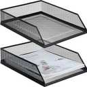 Hicarer 2 Pcs Black Metal Letter Tray Stackable Desk Tray Single Wire Mesh Organizer Front Load File Paper Holder for Desktop Office Home School Classroom (12.8 x 9.84 Inch)