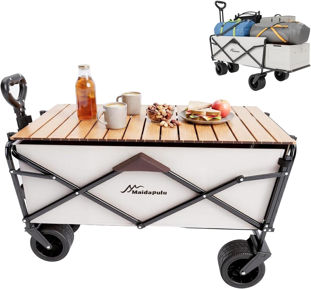 Collapsible Folding Wagon Cart with Removable Table Top & Tailgate, Heavy Duty Beach Wagon with Large All Terrain Wheels for Sand, 430LBS Capacity for Camping Garden Sports Grocery, White