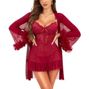 RSLOVE Lingerie Sets for Women Sexy - 1 Piece Babydoll & Lace Kimono Robe Set Strap Chemise Sleepwear Mesh Nightgown Ruffled, S