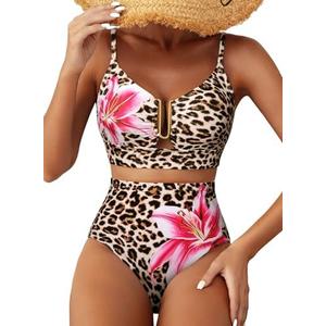 Herseas Womens 2 Piece High Waisted U Wire Bikini Set Floral Print Swimsuit Crisscross Back Bathing Suit Beach Swimwear 2XL