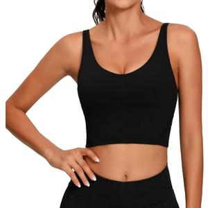 Lemedy Women Sports Bra Longline Crop Tank Top Padded Workout Running Yoga (Black, L)