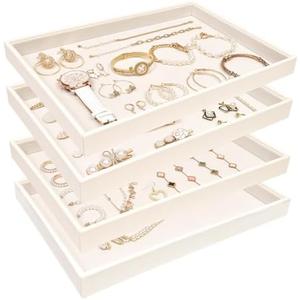 JETEHO Beige Velvet Jewelry Trays for Drawers Black Jewelrys Display Tray Stackable Jewelry Organizer Trays for Necklace Bracelet Ring Watch (4 Pack)