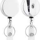 Will Well ID Badge Holder Reel with Clip and Keyring - Heavy-Duty All-Metal Casing with 27.5"UHMWPE Fiber Pull Cord for Durability and Easy Access, Holds up to 8 Keys - 2-Pack, Round, Glossy Silver