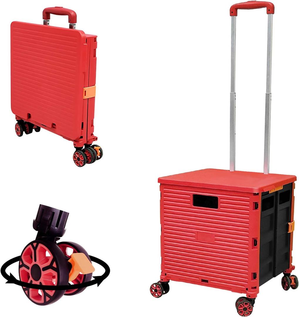FELICON SELORSS Foldable Utility Cart Folding Portable Rolling Crate Handcart with Durable Heavy Duty Plastic Telescoping Handle Collapsible 4 Rotate Wheels for Travel Shop Move Luggage Office (Red)