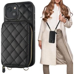 Bocasal Crossbody Wallet Case for iPhone 14 Plus, RFID Blocking PU Leather Zipper Handbag Purse Flip Cover, Kickstand Folio Case with Card Slots Holder Wrist Strap Lanyard 5G 6.7 Inch (Black)