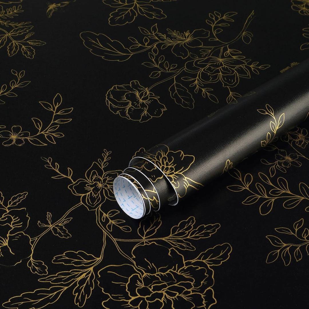 Ismoon Black and Gold Floral Peel and Stick Wallpaper - Vintage Flowers, Butterflies - Removable, Self-Adhesive - 17.3x393in