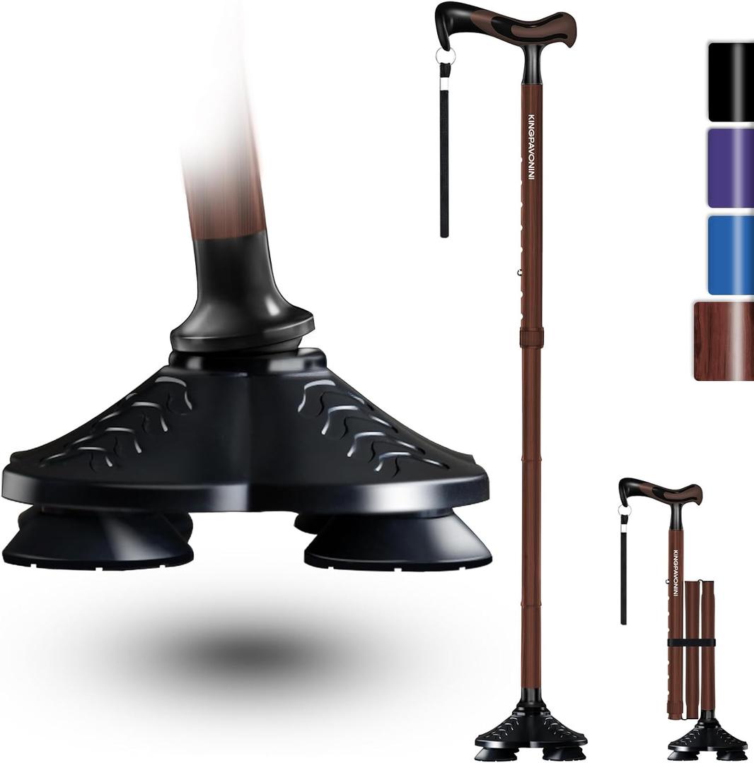 KingPavonini Walking Cane for Men Women Stability, Free Standing Foldable Cane, Ergonomic Handle Pivoting Quad Base, Heavy Duty 350 LBs, Adjustable Walking Canes for Seniors Balance with Travel Bag (Walnut)