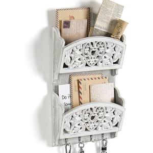 JAZUIHA Mail Organizer with Key Holder,2Slot Mail Holder with 4 Key Hooks for Wall Decorative, Wooden Hanging Organizer for File Letter in Shelf Home Farmhouse Decor for Entryway Office