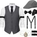 YESSA 1920s Mens Costume Gatsby Gangster Costume Accessories Set-1920s Hat Vest Pocket Watch Tie-Roaring 20s Costumes for Men (Medium, Grey)